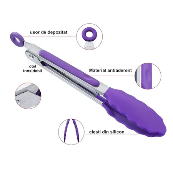 Cleste de bucatarie cu varfuri din silicon, maner din otel inoxidabil, 21 cm, violet
