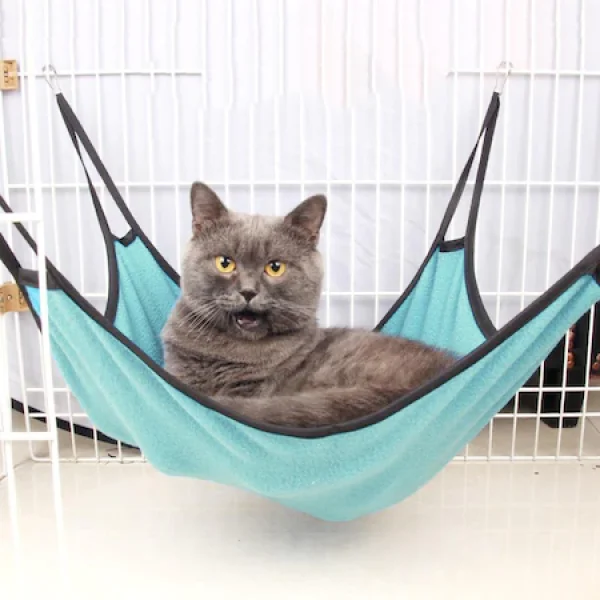 Hamac suspendat din fleece pentru pisici sau alte animale mici, 57×64 cm, albastru