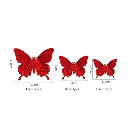 Set 12 Fluturi decorativi cu aspect 3D, diverse marimi, culoare rosu - imagine 2