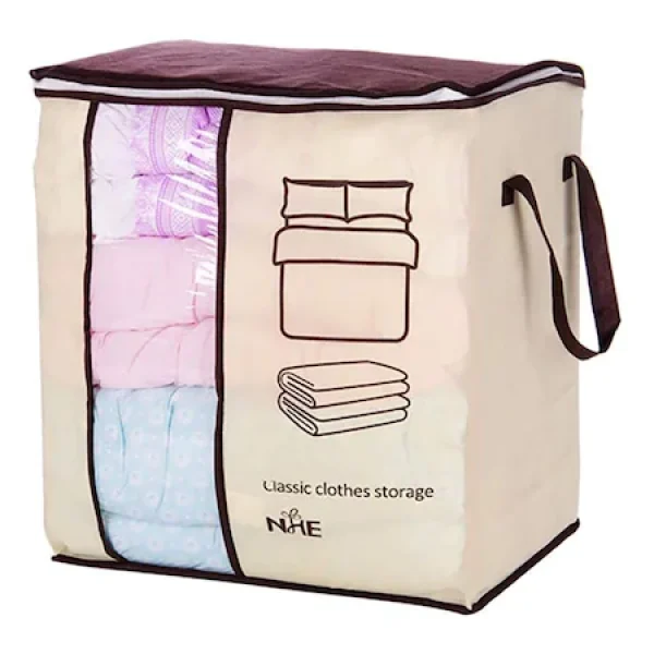 Organizator textil cu fermoar pentru depozitare pilote si articole textile, 45.5x 29 x 51 cm , bej