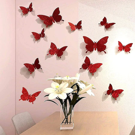 Set 12 Fluturi decorativi cu aspect 3D, diverse marimi, culoare rosu - imagine 3