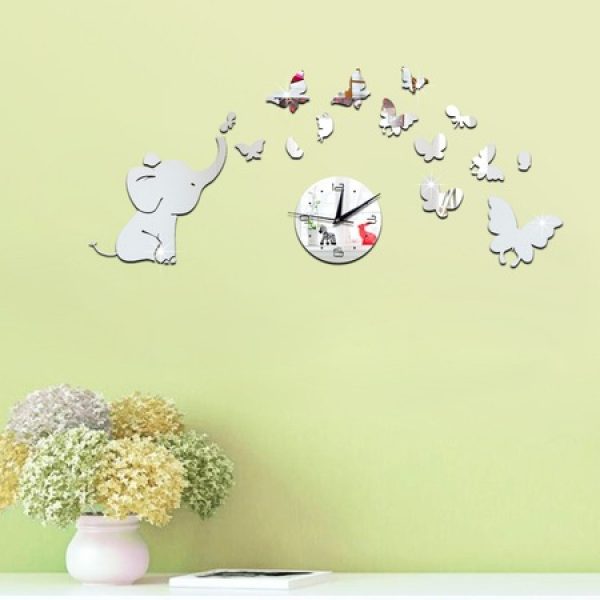 Ceas decorativ de perete din sticla acrilica, cu elefant si fluturi, 30×55 cm, culoare auriu
