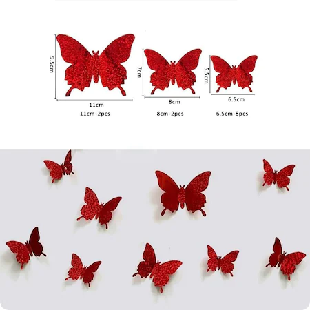 Set 12 Fluturi decorativi cu aspect 3D, diverse marimi, culoare rosu - imagine 6