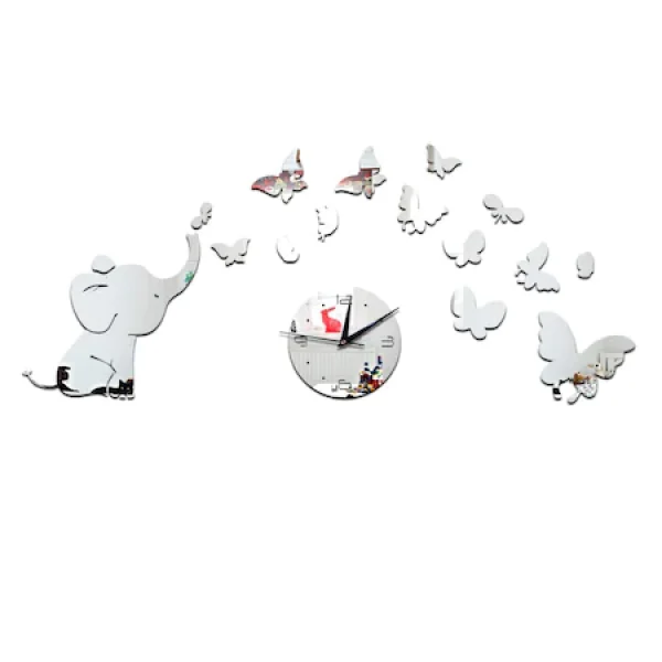 Ceas decorativ de perete din sticla acrilica, cu elefant si fluturi, 30×55 cm, culoare auriu