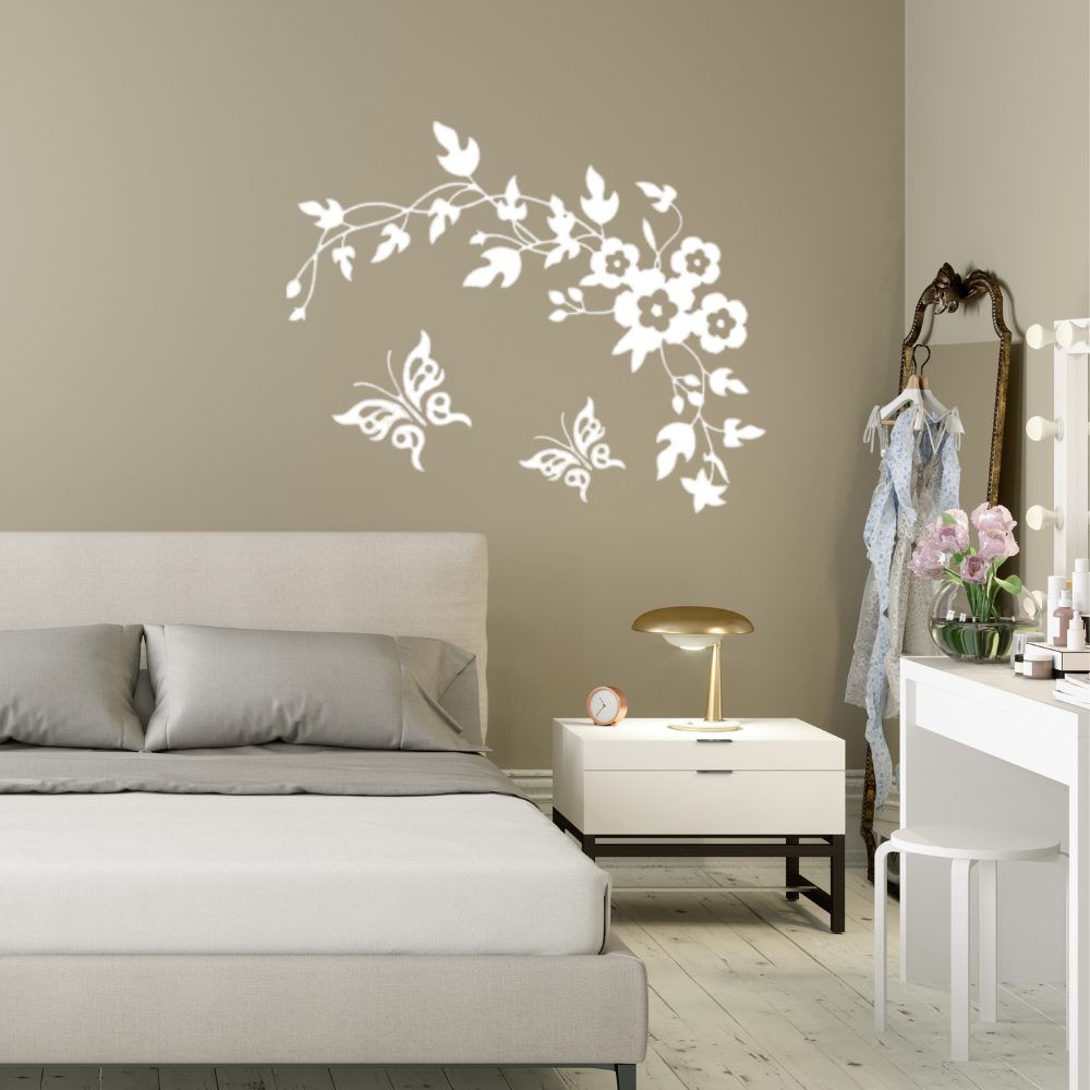 Sticker decorativ 3D cu Flori si fluturasi, 28cm x 34 cm, culoare alb - imagine 4