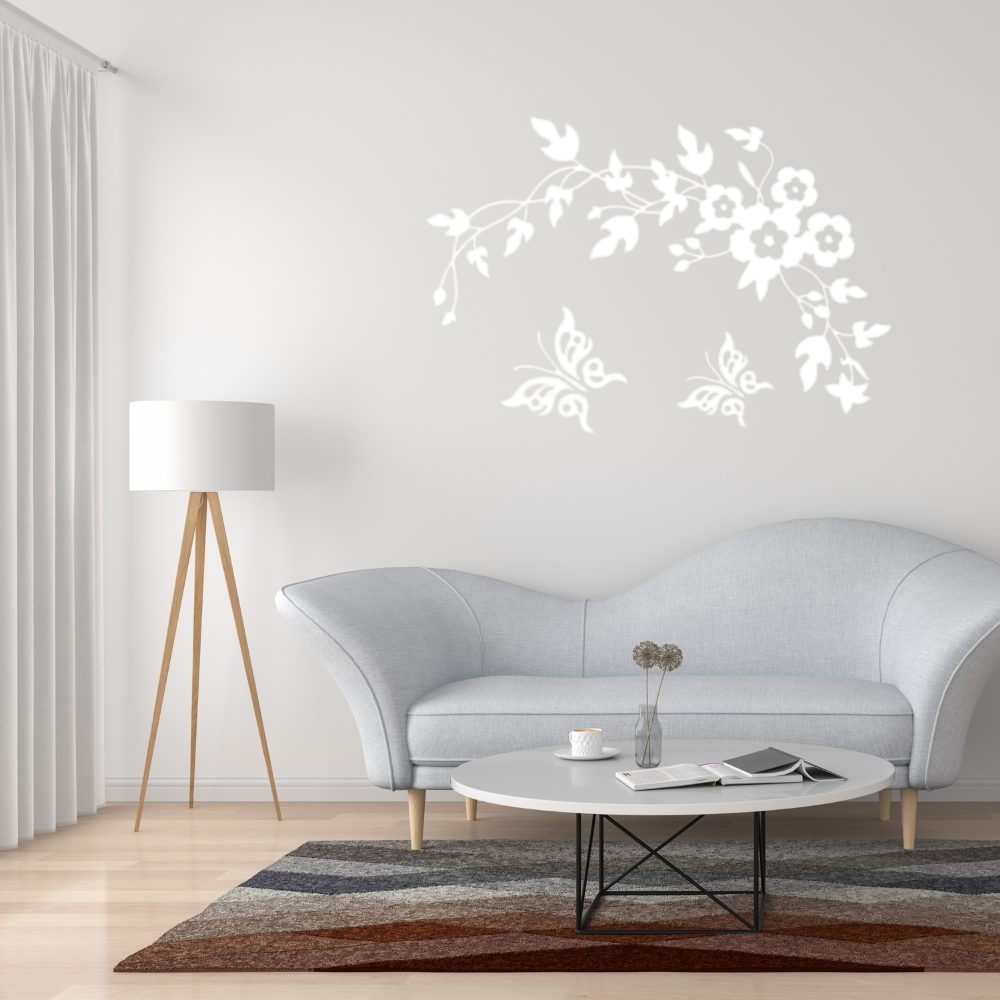 Sticker decorativ 3D cu Flori si fluturasi, 28cm x 34 cm, culoare alb - imagine 3