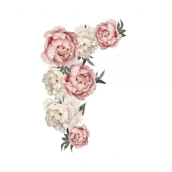 Sticker decorativ model floral pentru perete, 91×35 cm, bujori bej si roz