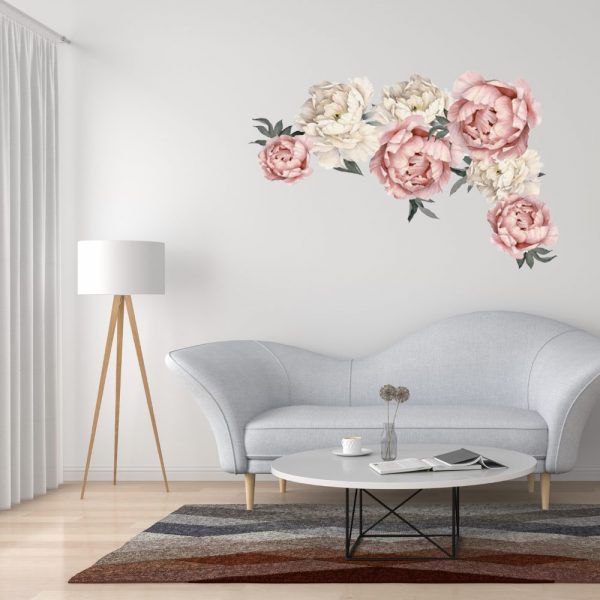 Sticker decorativ model floral pentru perete, 91×35 cm, bujori bej si roz