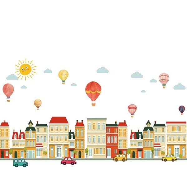 Sticker decorativ pentru perete, Model cladiri si baloane cu aer cald, 50 x 70 cm
