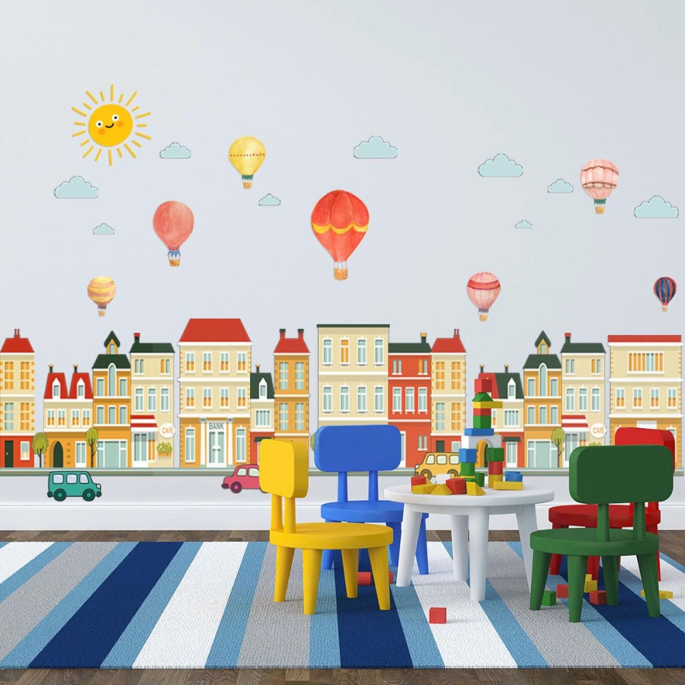 Sticker decorativ pentru perete, Model cladiri si baloane cu aer cald, 50 x 70 cm - imagine 3