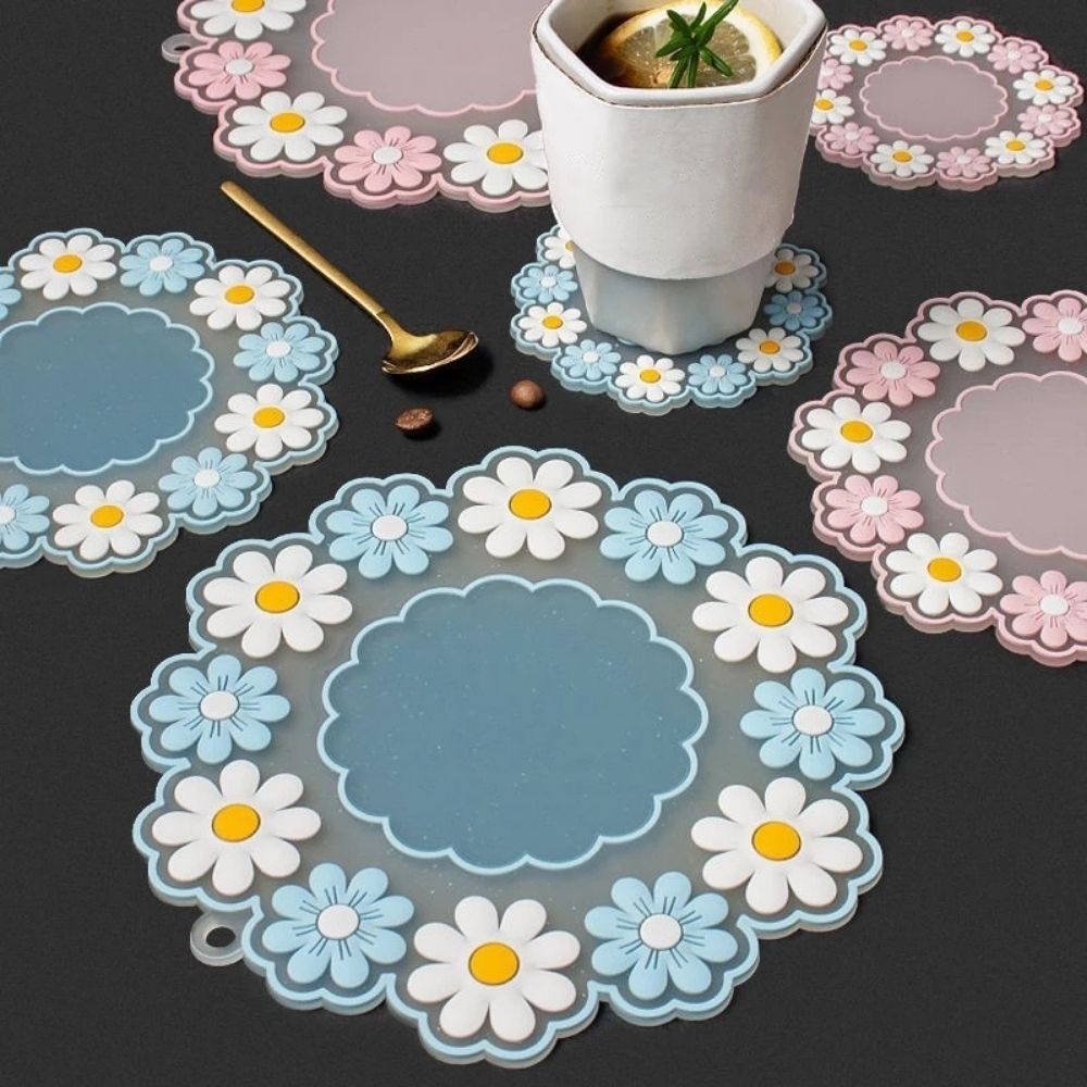 Set 2 suporturi farfurii Flower, PVC, 2 marimi, albastru - imagine 4