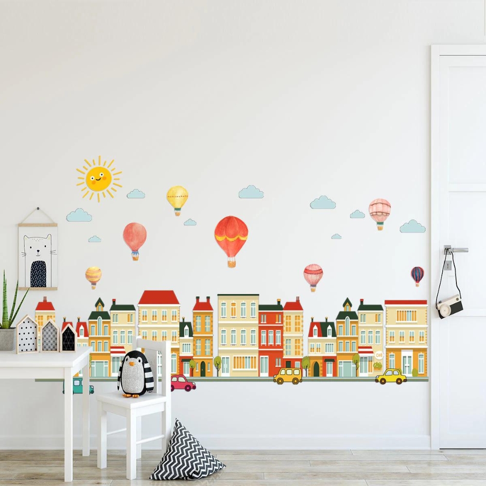 Sticker decorativ pentru perete, Model cladiri si baloane cu aer cald, 50 x 70 cm - imagine 4
