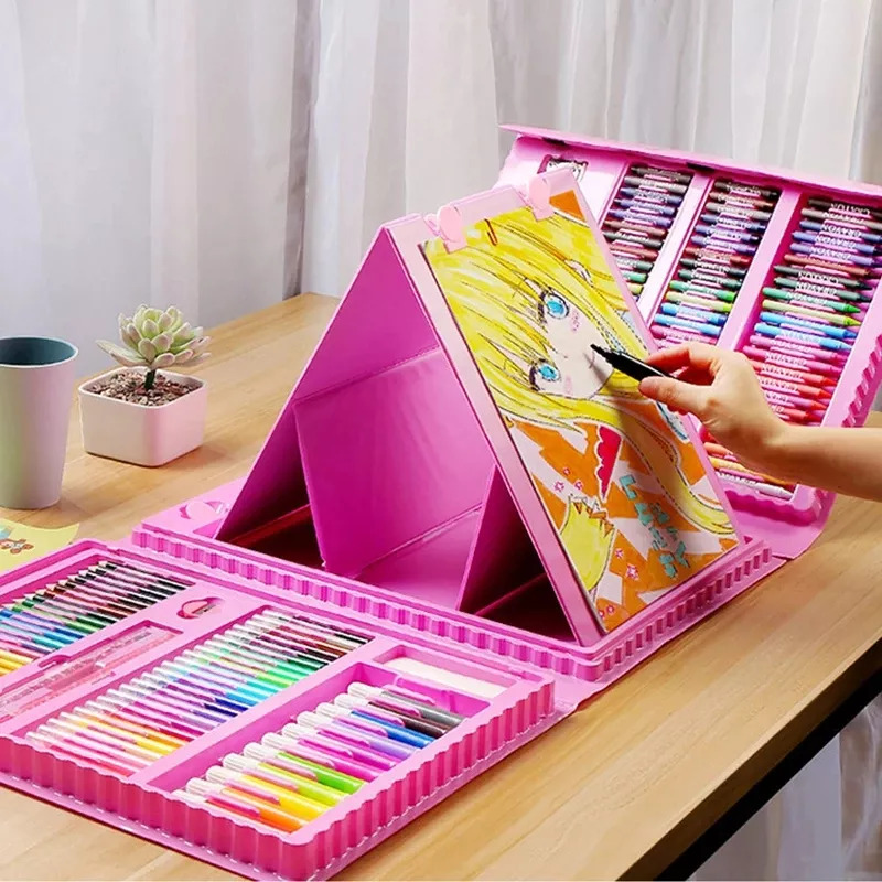 Set pictura si desen pentru copii si elevi, 208 piese din plastic, culoare roz, 41 x 31 x 6 cm - imagine 3