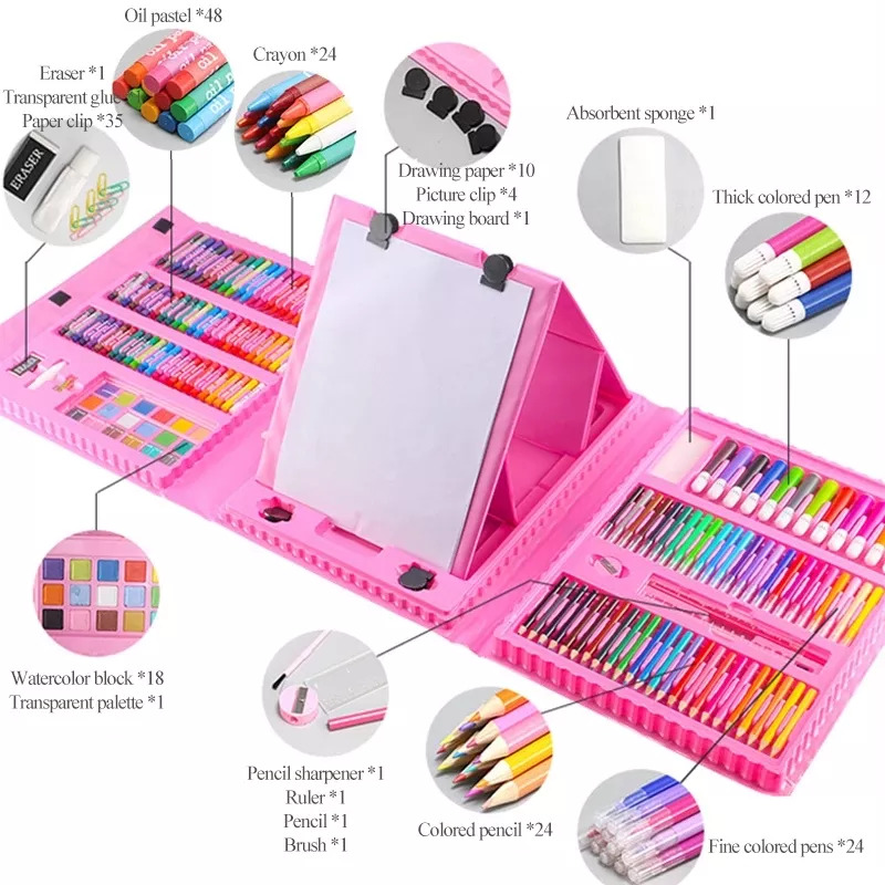 Set pictura si desen pentru copii si elevi, 208 piese din plastic, culoare roz, 41 x 31 x 6 cm - imagine 4